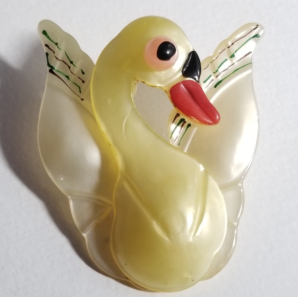 Vintage 1930s Swan brooch pastel yellow pearlized bird pin Coro